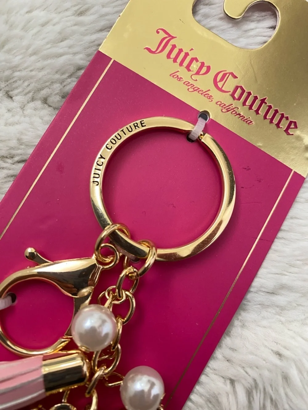 Juicy Couture Gold Crystal Butterfly Keychain with Pink Tassel